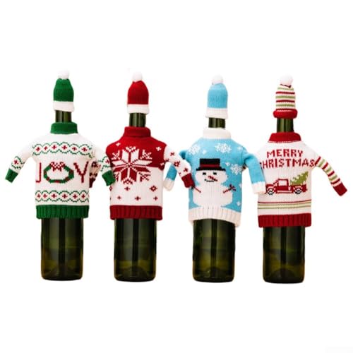 4 Stück gestrickte Weinflaschenpullover mit Schneemann-Muster für Feiertagsparty-Dekoration und festliche Weinpräsentation auf von CARMOTTER