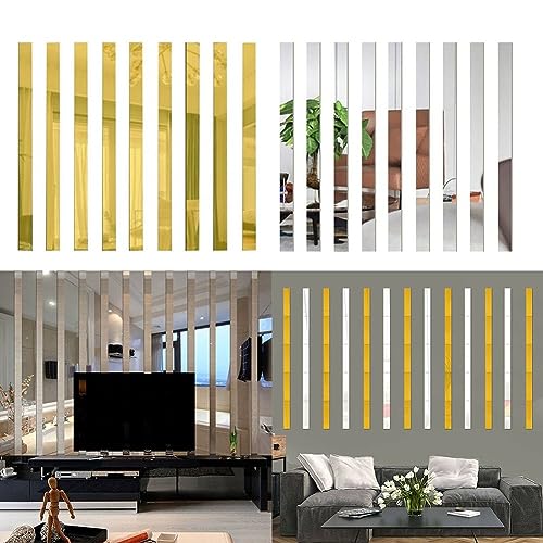 Acryl-Spiegel-Mosaik-Wandaufkleber, lange Streifen, Acryl-Spiegelfliesen, einfach abziehen und aufkleben, für DIY-Heimdekoration, Wohnzimmer und Schlafzimmer (Gold) von CARMOTTER