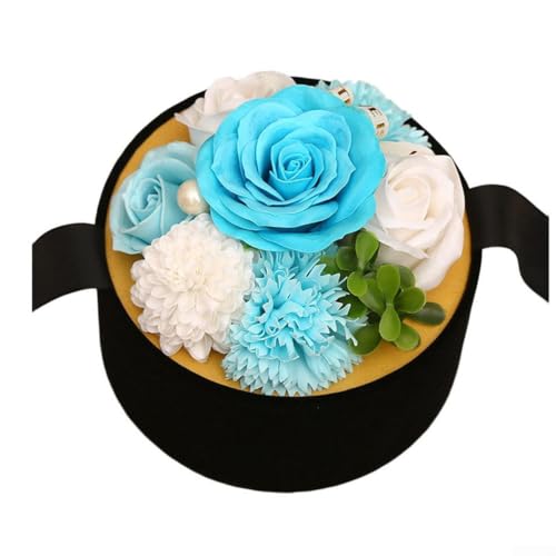 Dekorativer handgefertigter Seifenrosenstrauß in einer Blumenkaste, entworfen für sanfte Reinigung mit pflanzlichen Inhaltsstoffen und angenehmem Aroma (blau) von CARMOTTER