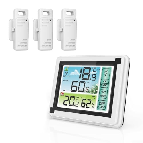 Kabelloser Temperatur- und Feuchtigkeitsmonitor mit Farb-Touchscreen und 3 Sensoren für genaue Daten in Innen- und Außenumgebungen von CARMOTTER