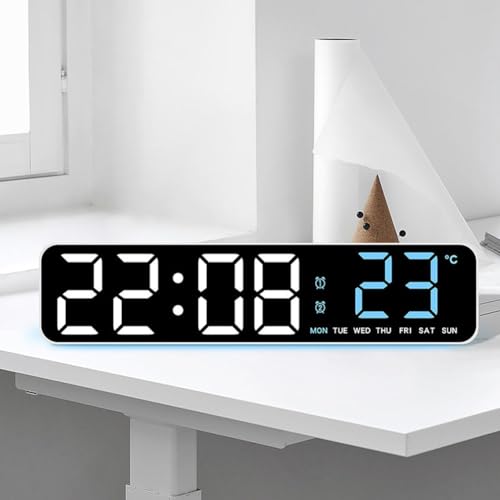LED-Digitaluhr, Nachttisch, mit Temperatursensor und einstellbarer Helligkeit, für Büro, Zuhause, Wohnzimmer (weißes Muschelblau) von CARMOTTER
