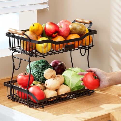 Obst-Organizer mit 2 Etagen aus Metall mit Bananenhaken, Obst-Aufbewahrungskorb, Gemüseregal für Ihr Zuhause, Küche (schwarz) von CARMOTTER