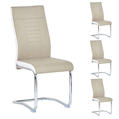 CARO-Möbel 4er Set Esszimmerstuhl ALBA Küchenstuhl Schwingstuhl, Stoffbezug in beige und weiß, Metallgestell in Chrom von CARO-Möbel
