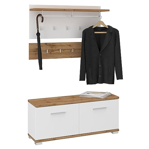 CARO-Möbel Flurgarderobe BILBAO im 2-teiligen Set, Wandgarderobe mit 2 Paneele, Kleiderhaken und Ablage, Sitzbank foliert in wotan Eiche/weiß, Schuhbank für 8 Paar Schuhe, Garderobenset aus Holz von CARO-Möbel