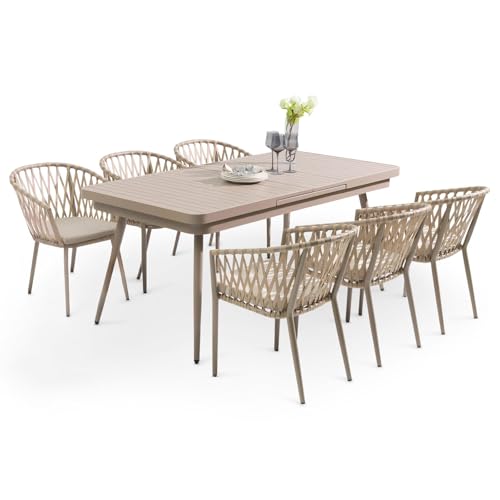 Gartenmöbel Set Sunny mit 1 ausziehbaren Esstisch und 6 Stühlen, Esstisch Gestell aus Alu in Champagner, Seilbespannung der Stühle in beige, Essgruppe inkl. Sitzkissen und Rückenpolster von CARO-Möbel