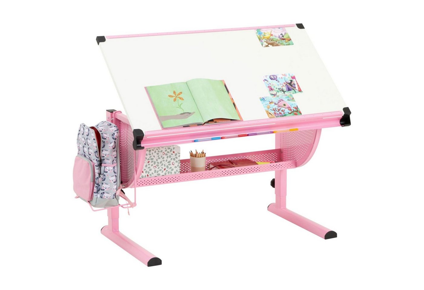 CARO-Möbel Kinderschreibtisch SARI, Kinderschreibtisch höhenverstellbar in weiß/rosa Schreibtisch neigbar von CARO-Möbel