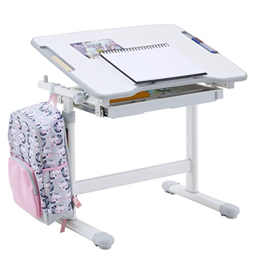 CARO-Möbel Kinderschreibtisch VITA weiß/grau höhenverstellbar und neigbar, Schreibtisch für Kinder mit Schublade, Tisch mit Rinne für Stifte und Rucksackhalterung von CARO-Möbel