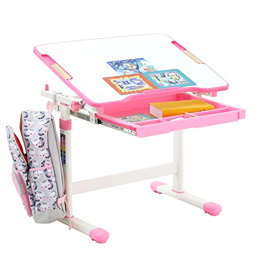 CARO-Möbel Kinderschreibtisch VITA weiß/rosa höhenverstellbar und neigbar, Schreibtisch für Kinder mit Schublade, Tisch mit Rinne für Stifte und Rucksackhalterung von CARO-Möbel
