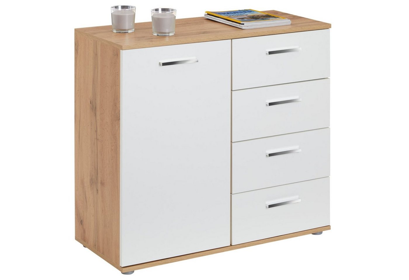 CARO-Möbel Kommode CHICAGO, Kommode Sideboard Highboard 4 Schubladen, 1 Tür in Wotan Eiche/weiß von CARO-Möbel