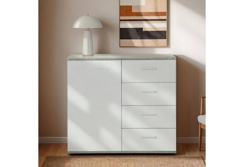 CARO-Möbel Kommode CHICAGO, Schmale Flurkommode mit 4 Schubladen & Fach mit 2 Böden Beton/Weiß CARO-Möbel Kommode CHICAGO, Schmale Flurkommode mit 4 Schubladen & Fach mit 2 Böden Beton/Weiß von CARO-Möbel