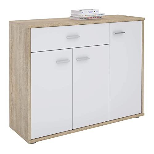 CARO-Möbel Sideboard Estelle Kommode Mehrzweckschrank, Sonoma Eiche/weiß mit 3 Türen und 1 Schublade, 88 cm breit von CARO-Möbel