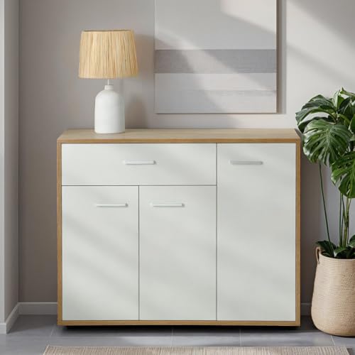 CARO-Möbel Sideboard Estelle Kommode Mehrzweckschrank, Sonoma Eiche/weiß mit 3 Türen und 1 Schublade, 88 cm breit von CARO-Möbel