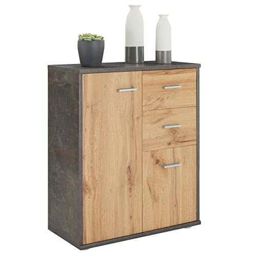 CARO-Möbel Kommode Locarno mit 2 Schubladen und Türen, modernes Highboard Bürokommode in Beton dunkel/Wotan Eiche von CARO-Möbel