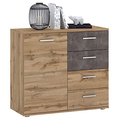 CARO-Möbel Kommode Sideboard Schrank Chicago in Wotan Eiche/Beton dunkel, mit Tür und 4 Schubladen Highboard von CARO-Möbel