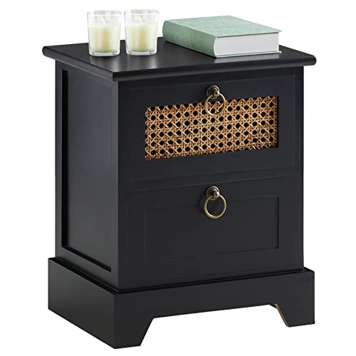 CARO-Möbel Nachttisch Padma mit 2 Schubladen, Nachtkommode aus Paulownia Holz und Wiener Geflecht, Nachtschrank im Retro Design, Boho, in schwarz von CARO-Möbel
