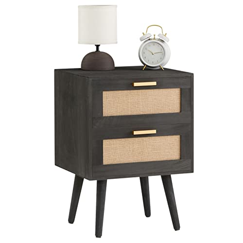 CARO-Möbel Nachttisch WAMAN mit 2 Schubladen, Nachtkommode aus Paulownia Holz und Jute Geflecht, Nachtschrank im Retro Design in schwarz, Boho CARO-Möbel Nachttisch WAMAN mit 2 Schubladen, Nachtkommode aus Paulownia Holz und Jute Geflecht, Nachtschrank im Retro Design in schwarz, Boho von CARO-Möbel