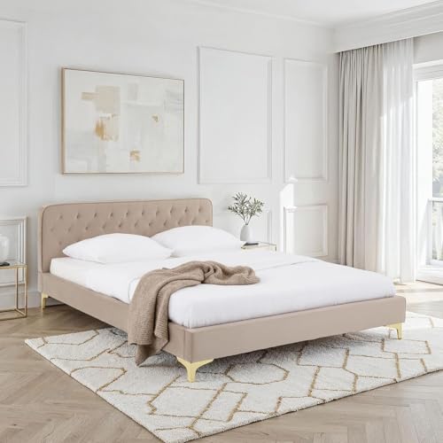 CARO-Möbel Polsterbett Glamour gepolstert, 149 x 208 cm, Beige – Elegantes Bett mit Steppmuster, Samtbezug, Metallfüße goldfarben, für stilvolle Schlafzimmer CARO-Möbel Polsterbett Glamour gepolstert, 149 x 208 cm, Beige – Elegantes Bett mit Steppmuster, Samtbezug, Metallfüße goldfarben, für stilvolle Schlafzimmer von CARO-Möbel