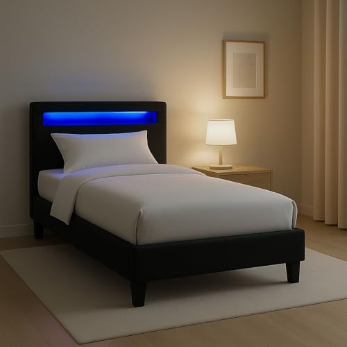 CARO-Möbel Polsterbett Himalaya mit LED Beleuchtung Einzelbett Jugendbett 90x200 cm mit Lattenrahmen, Stoffbezug in schwarz von CARO-Möbel