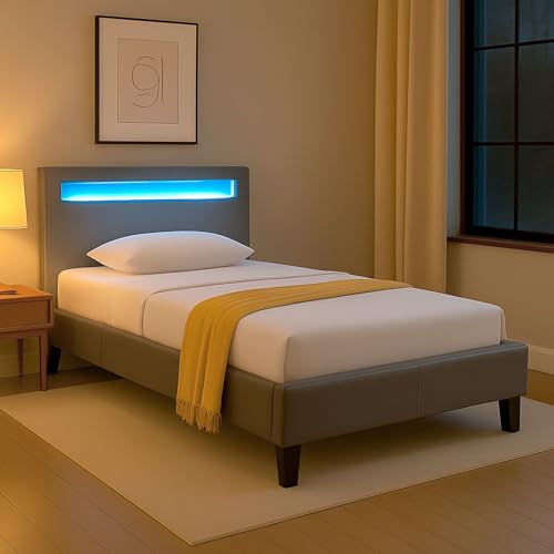 CARO-Möbel Polsterbett Mandalay 90 x 200 cm grau - mit LED Beleuchtung Einzelbett Kunstlederbett mit Lattenrahmen von CARO-Möbel