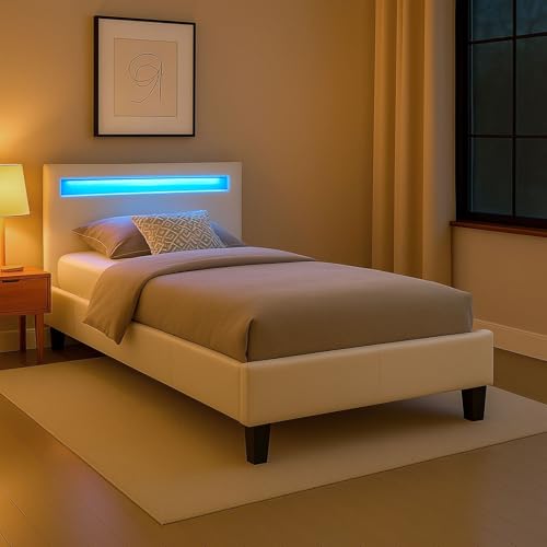 CARO-Möbel Polsterbett Mandalay mit LED Beleuchtung Einzelbett Lederbett 90 x 200 cm mit Lattenrahmen, Lederimitat in weiß von CARO-Möbel