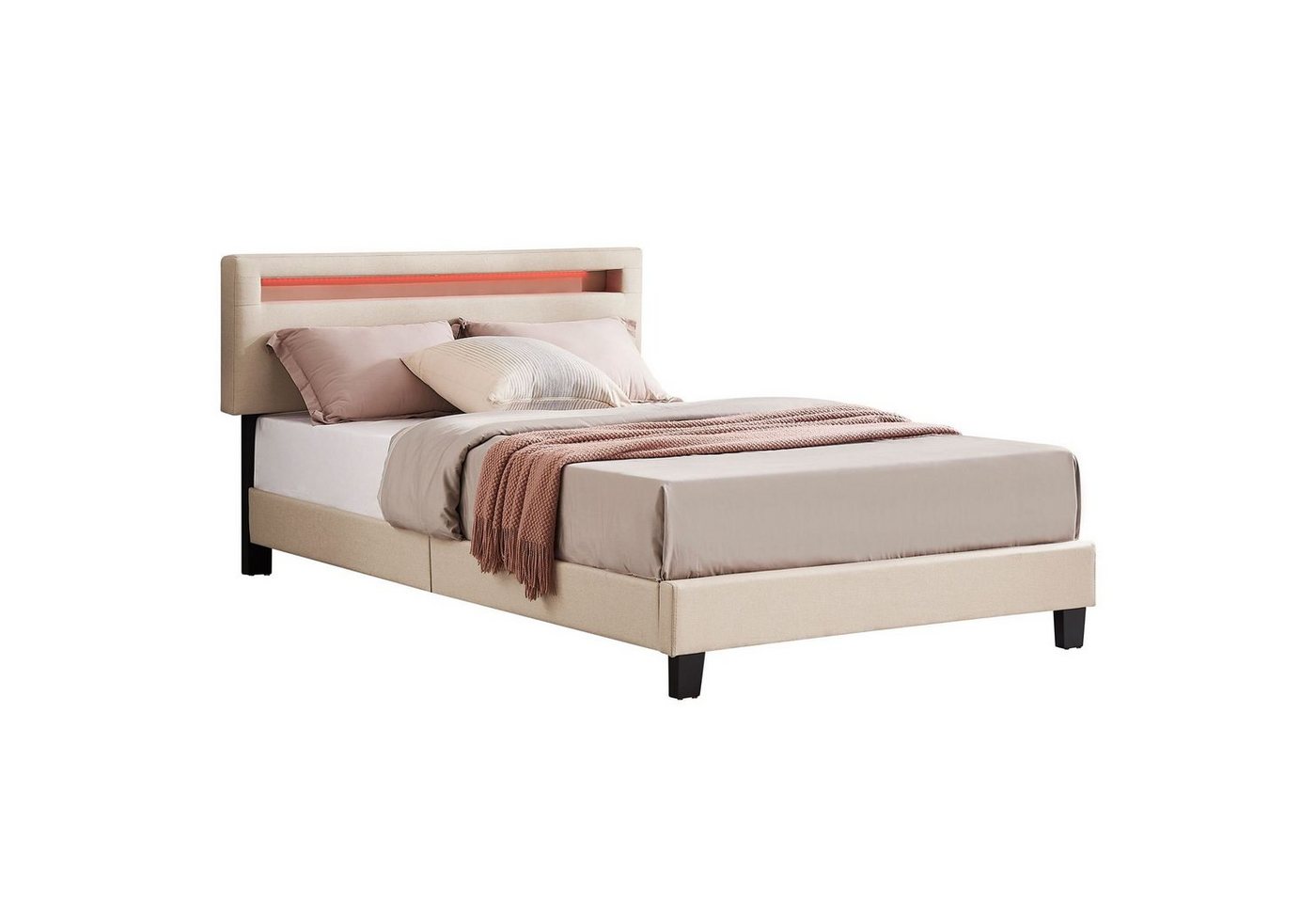 CARO-Möbel Polsterbett POWELL, Polsterbett 120x200 cm Bett mit LED Stoff beige Jugendbett Einzelbett von CARO-Möbel