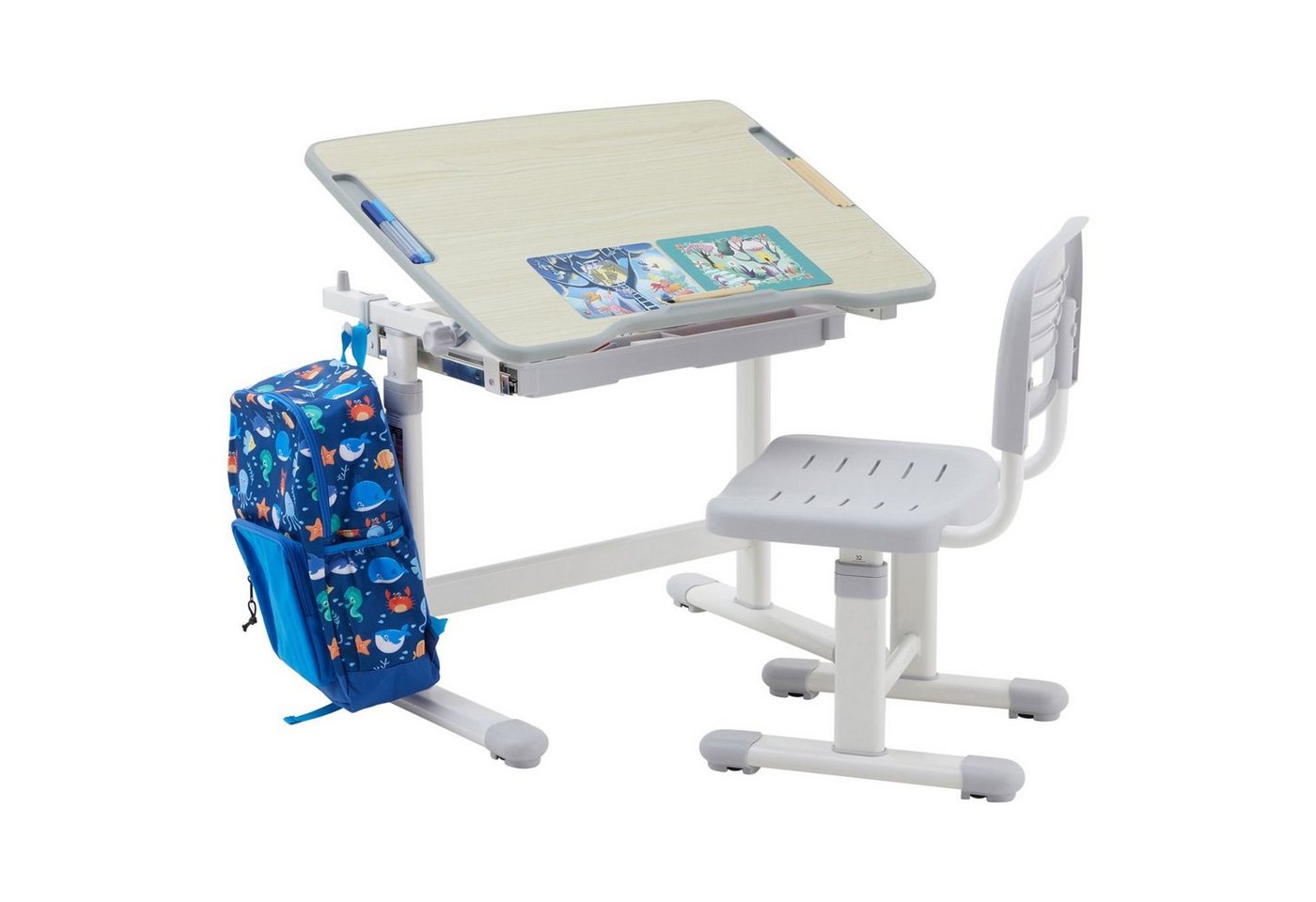 CARO-Möbel Schreibtisch TUTTO, Kinderschreibtisch mit Stuhl in Sonoma Eiche/grau höhenverstellbar und von CARO-Möbel