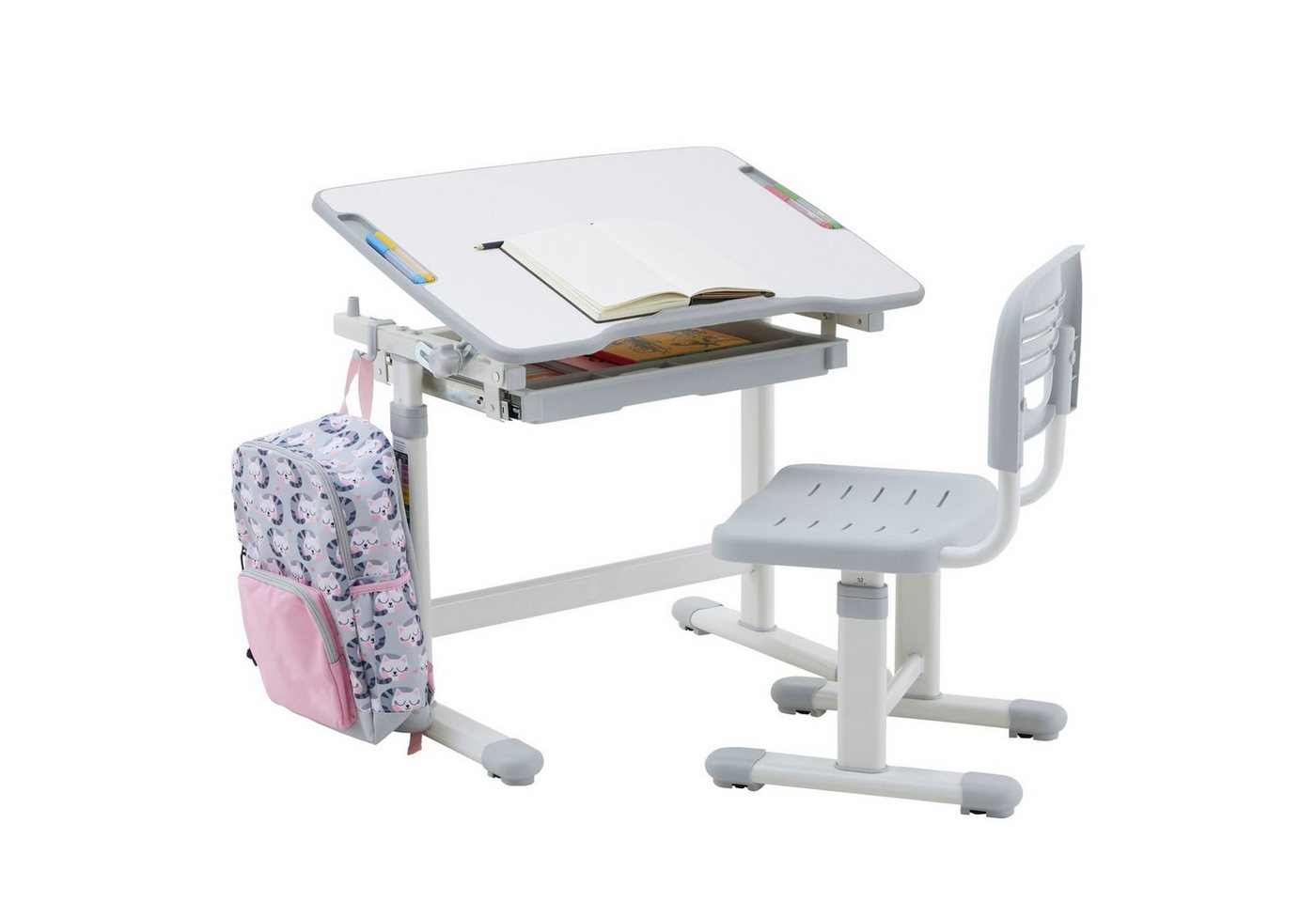 CARO-Möbel Schreibtisch TUTTO, Kinderschreibtisch mit Stuhl in weiß/grau höhenverstellbar und neigbar von CARO-Möbel