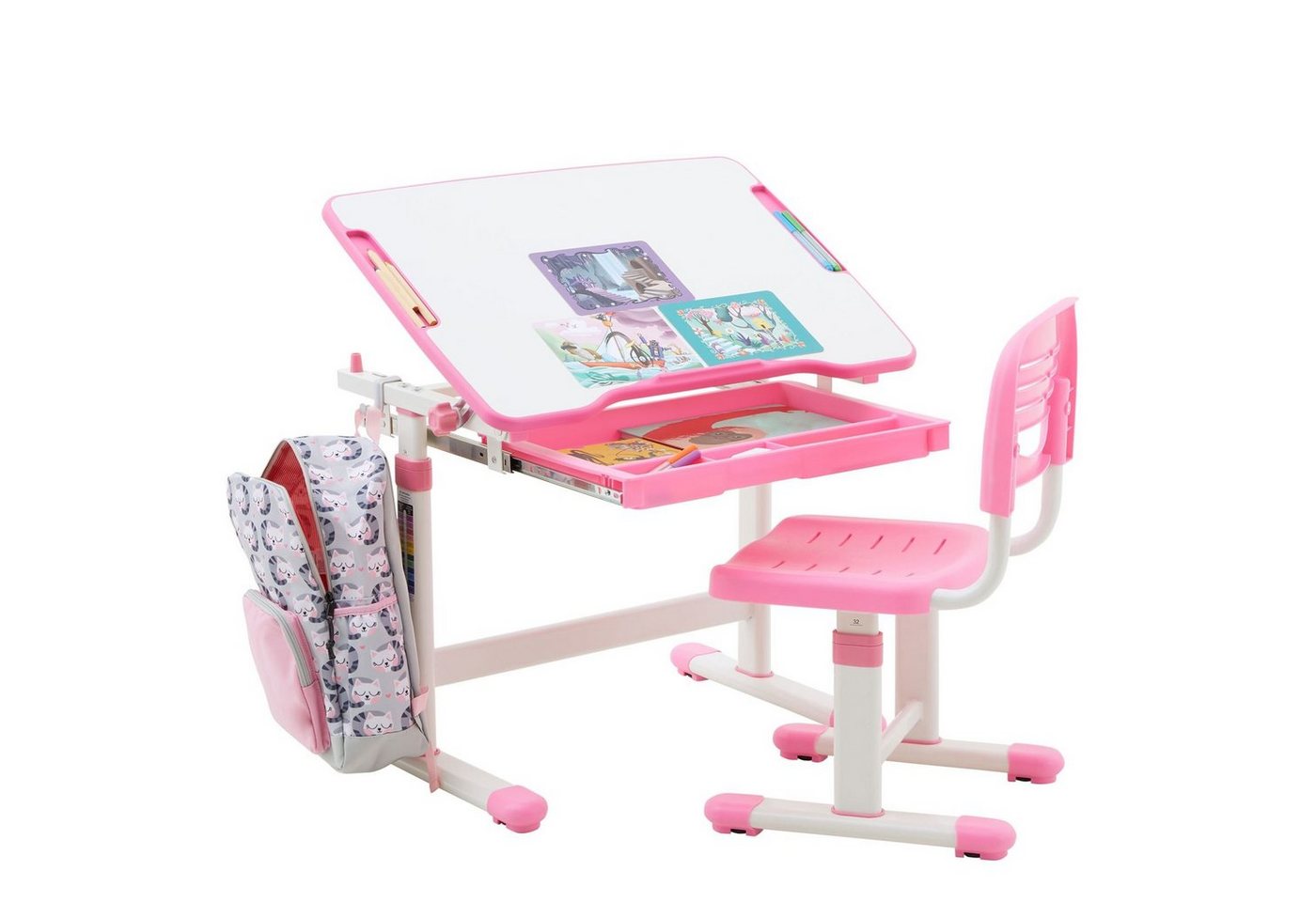 CARO-Möbel Schreibtisch TUTTO, Kinderschreibtisch mit Stuhl in weiß/rosa höhenverstellbar und neigbar von CARO-Möbel