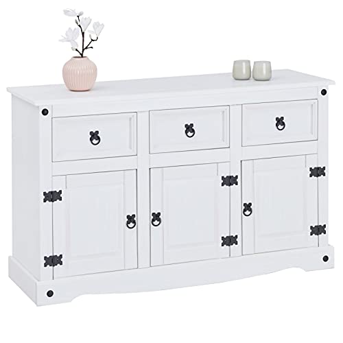 CARO-Möbel Sideboard Rural im Mexiko Stil weiß lasiert Kommode Kiefer massiv mit 3 Schubladen und 3 Türen von CARO-Möbel