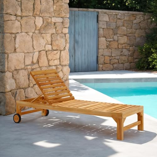 CARO-Möbel Sonnenliege Granada mit Rollen Teak Natur aus massivem Teakholz Verstellbarer Rücken Gartenliege aus Holz Teakholz Gartenmöbel von CARO-Möbel