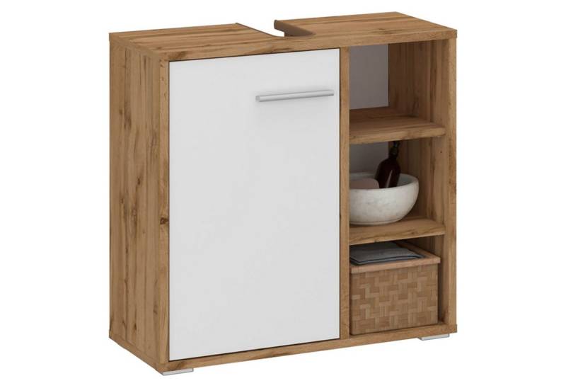 CARO-Möbel Waschbeckenschrank ORNA Waschtisch mit 3 offenen Fächern freistehend Wotan Eiche/Weiß von CARO-Möbel