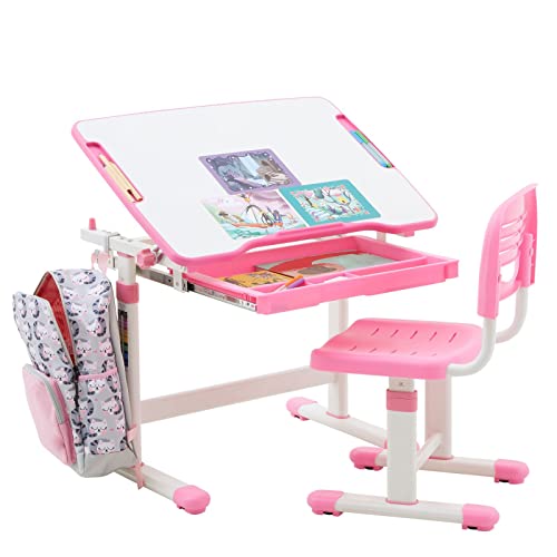 Kinderschreibtisch mit Stuhl TUTTO in weiß/rosa höhenverstellbar und neigbar mit Schublade und Stifterinne, Schreibtisch höhenverstellbar für Kinder, Tisch mit neigbarer Arbeitsfläche mit Rucksackhalt von CARO-Möbel