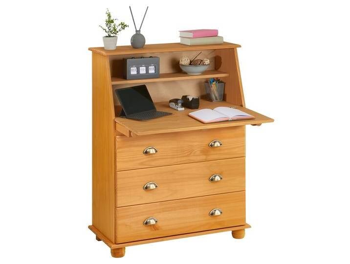 Sekretär mit 2 Fächern, 3 Schubladen aus Kiefer, gebeizt, eleganter Landhausstil, braun, rechteckig Sekretär mit 2 Fächern, 3 Schubladen aus Kiefer, gebeizt, eleganter Landhausstil, braun, rechteckig von CARO-Möbel