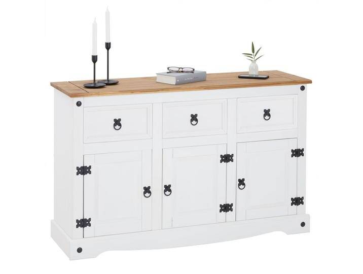 Sideboard CAMPO, Kiefer massiv weiß, mit 3 Schubladen und Türen, im Landhausstil, rechteckig, 125 x 40 cm von CARO-Möbel