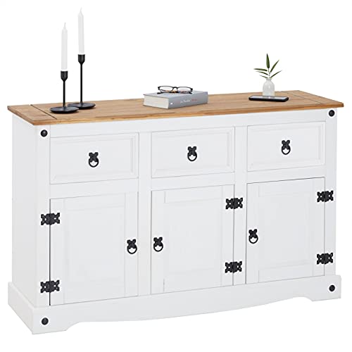 Sideboard Campo im Mexiko Stil Kommode Kiefer massiv weiß mit 3 Schubladen und 3 Türen Buffetschrank Geschirrschrank von CARO-Möbel