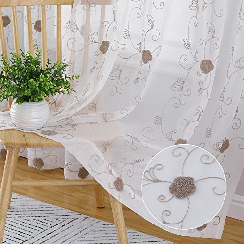 CAROMIO Gardinen Transparent Vorhänge in Leinenoptik Sheer Vorhang Voile Blumen Stickerei Vorhänge Ösenschal Wohnzimmer Luftig Dekoschal Dekoschals für Wohnzimmer,Braun,2 Stücke,140x245 cm von CAROMIO