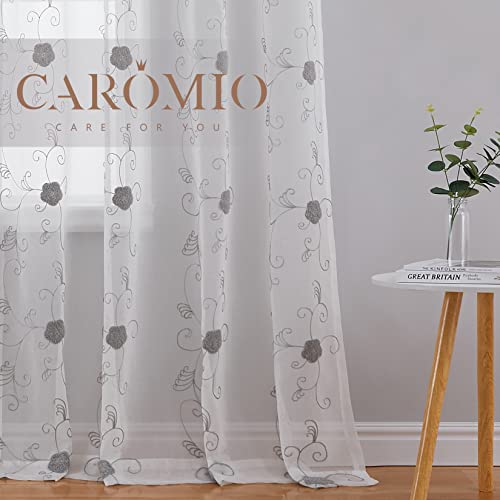 CAROMIO 2er Set Sheer Voile Vorhang Blumen Stickerei Vorhänge Ösenschal Gardine Halb Transparent Gardine aus Polyester Wohnzimmer Luftig Dekoschal für Schlafzimmer,Grau 140x260cm von CAROMIO