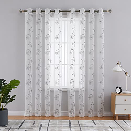 CAROMIO 2er Set Voile Vorhang mit Ösen Transparente Leinen Optik Gardinen Sheer Blumen Vorhänge im Landhausstil Fensterschal für Wohnzimmer Schlafzimmer Grau, 140cm*175cm von CAROMIO