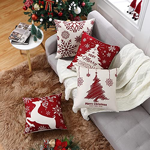 CAROMIO Kissenbezug Weihnachten 4er Set Leinen Look Kissenbezüge mit Weihnachtsbaum Hirsch Muster Rot Weihnachten Deko Kissenhülle für Schlafzimmer Auto Merry Christimas Cushion Covers 45 x 45 cm von CAROMIO