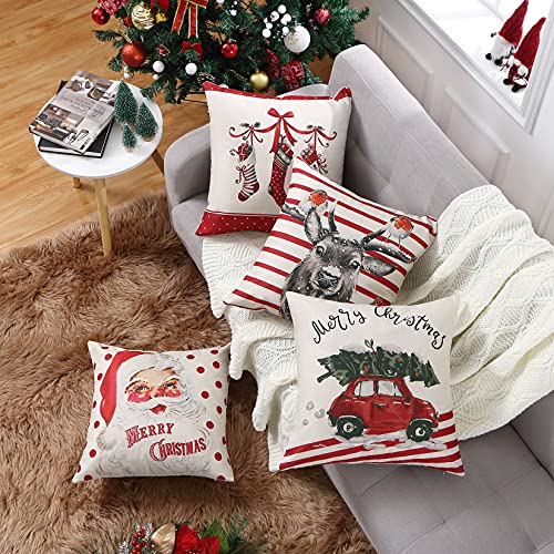 CAROMIO 4er Set Weihnachten kissenbezüge Rot Kissenbezug mit Verstecktem Reißverschluss Weihnachten Kissenhülle für Sofa Wohnzimmer Schlafzimmer Büro Auto Bett 45 x 45 cm von CAROMIO