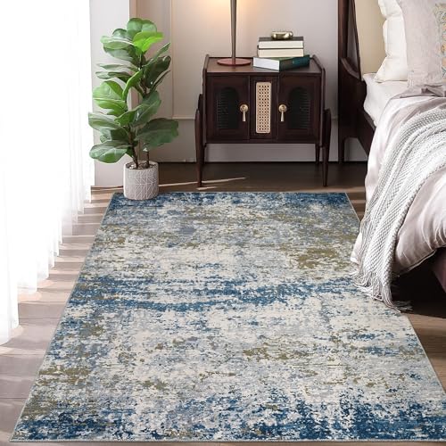 CAROMIO Abstrakte Teppiche Schlafzimmer, Teppich Wohnzimmer Waschbarer, Modernes Design Großer Teppich für Esszimmer Büro Bereich Dekor, Blau 120 x 170 cm von CAROMIO
