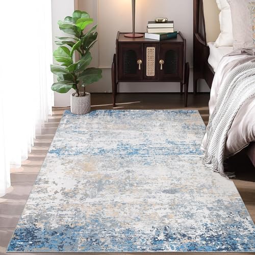 CAROMIO Abstrakte Teppiche Schlafzimmer, Teppich Wohnzimmer Waschbarer, Modernes Design,Großer Teppich für Esszimmer Büro Bereich Dekor, Grau Blau 120 x 170 cm von CAROMIO