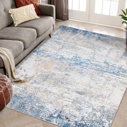 CAROMIO Abstrakte Teppiche Schlafzimmer, Teppich Wohnzimmer Waschbarer, Modernes Design,Großer Teppich für Esszimmer Büro Bereich Dekor, Grau Blau 140 x 200 cm von CAROMIO