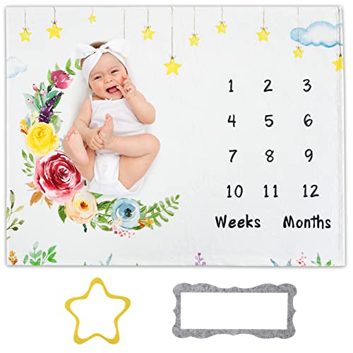 CAROMIO Babydecke Neugeborenen Meilenstein Decke Baby Monatsdecke Mädchen Personalisierte Geschenke Flanelldecke mit Mond- und Blumendruck, 130cm x 102cm von CAROMIO