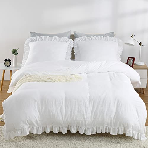 CAROMIO Bettwäsche Rüschen 135x200cm Weiß Uni Einfarbig Romantisch Rüschenbettwäsche Set 2 Teilig 100% Weich Mikrofaser Deckenbezug mit Kissenbezug 80x80 cm von CAROMIO