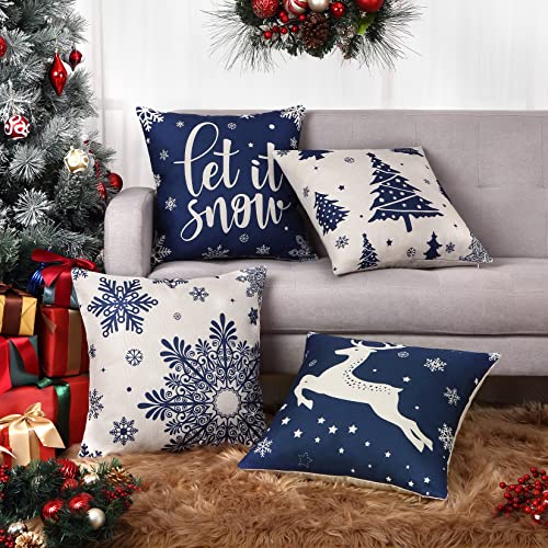 CAROMIO Weihnachts Kissenbezüge 4 Stück Kissenbezüge Leinen Look Kissenbezüge Weihnachten Schneeflocken Dekorative Weihnachtskissen für Weihnachtsdeko Christmas Sofa Decorations, 45x45 cm von CAROMIO