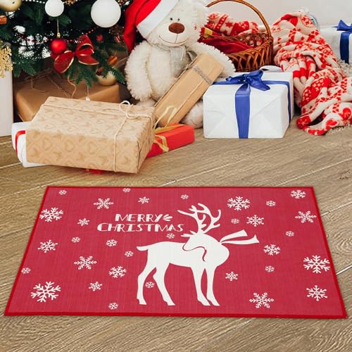 CAROMIO Fußmatte Weihnachten Dekorative Türmatte mit Gedrucktem Hirschmuster Willkommensmatte für Weihnachten rutschfeste Fußmatte Waschbare Bodenmatte Badematte Rot 50 x 80 cm von CAROMIO
