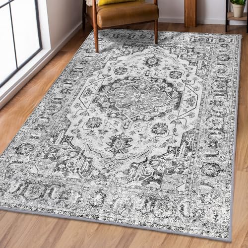 CAROMIO Groß Teppich Tohnzimmer, Traditioneller Marokkanischer Vintage-Teppich mit Medaillon im Distressed-Stil, Klassisch Boho Antik Weich Flach Wohnzimmerbereich Schlafzimmer Flur 140 x 200 Gray von CAROMIO