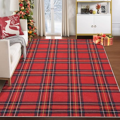 CAROMIO Groß Weihnachtsteppich mit Büffelmuster, Weihnachts Überwurfteppich Groß Teppich Wohnzimmerteppich Waschbar Bodenteppich Kurzfloriger Innenbereich, Rot 140 x 200 cm von CAROMIO