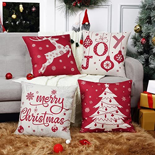 CAROMIO Kissenbezug Valentinstag Weihnachtskissen 4 Stück 45x45cm Weihnachten Kissenbezüge Winter Dekokissen Weihnachtsbaum Schneeflocke Rentier Wohnkultur Zierkissenbezüge für Sofa Büro Bett von CAROMIO